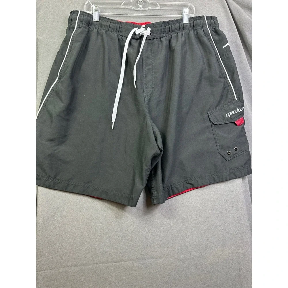 Speedo Men's Swim‎ Trunks Black Board Shorts Cargo Pocket White Piping XXL